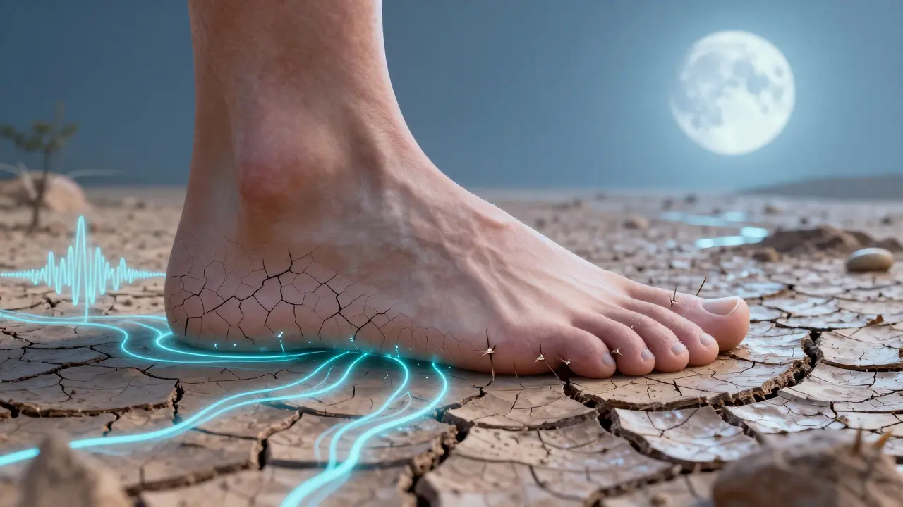 Koncepční obraz nohy jako krajiny, kde technologie obnovují poškozenou kůži a odstraňují problémy.