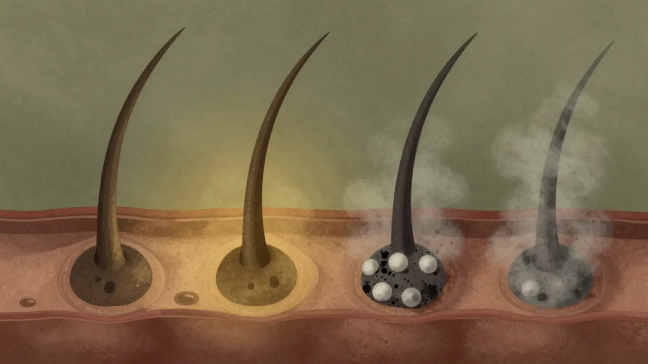 Křížový řez vlasového folikulu: zdravý růst versus poškození z chemikálií a tepla.