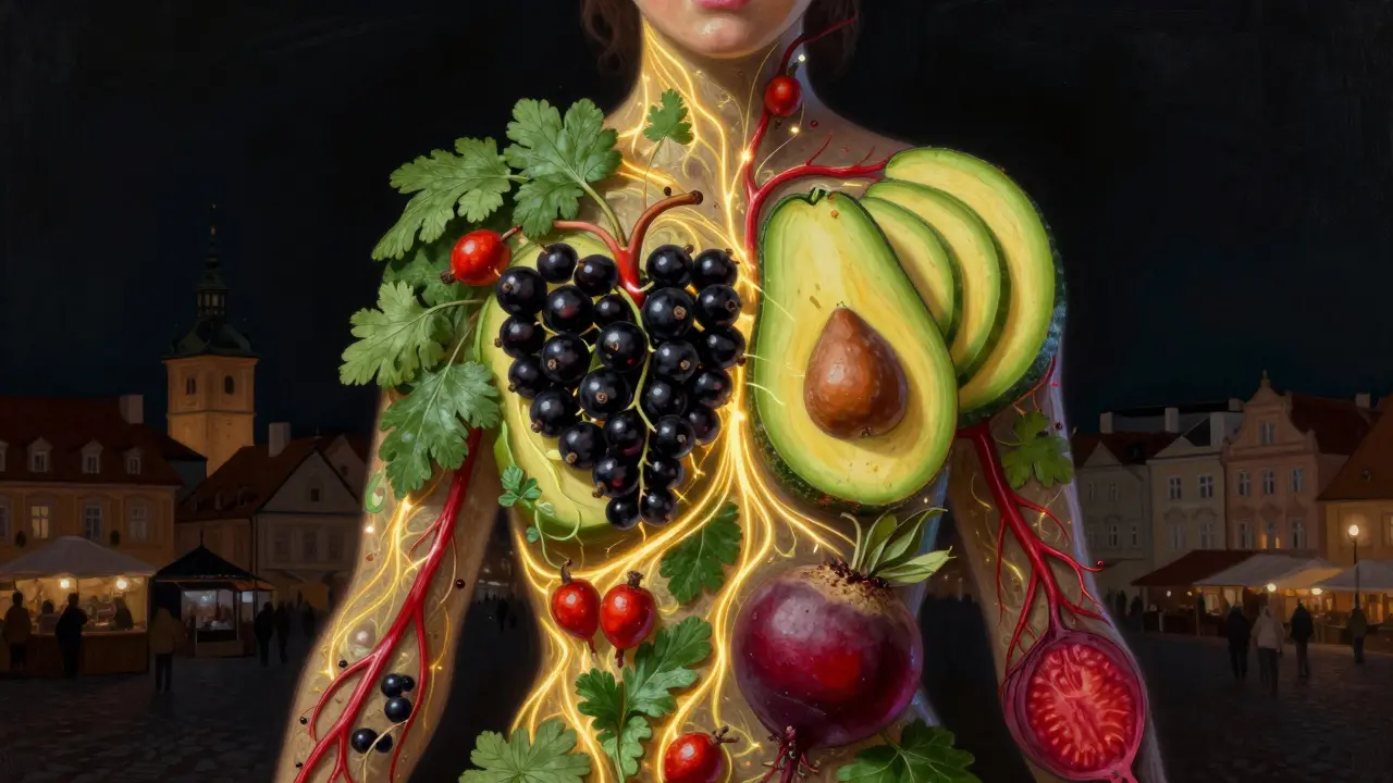 Lidské tělo složené z ovoce s zlatými světelnými cestami mezi jednotlivými částmi.