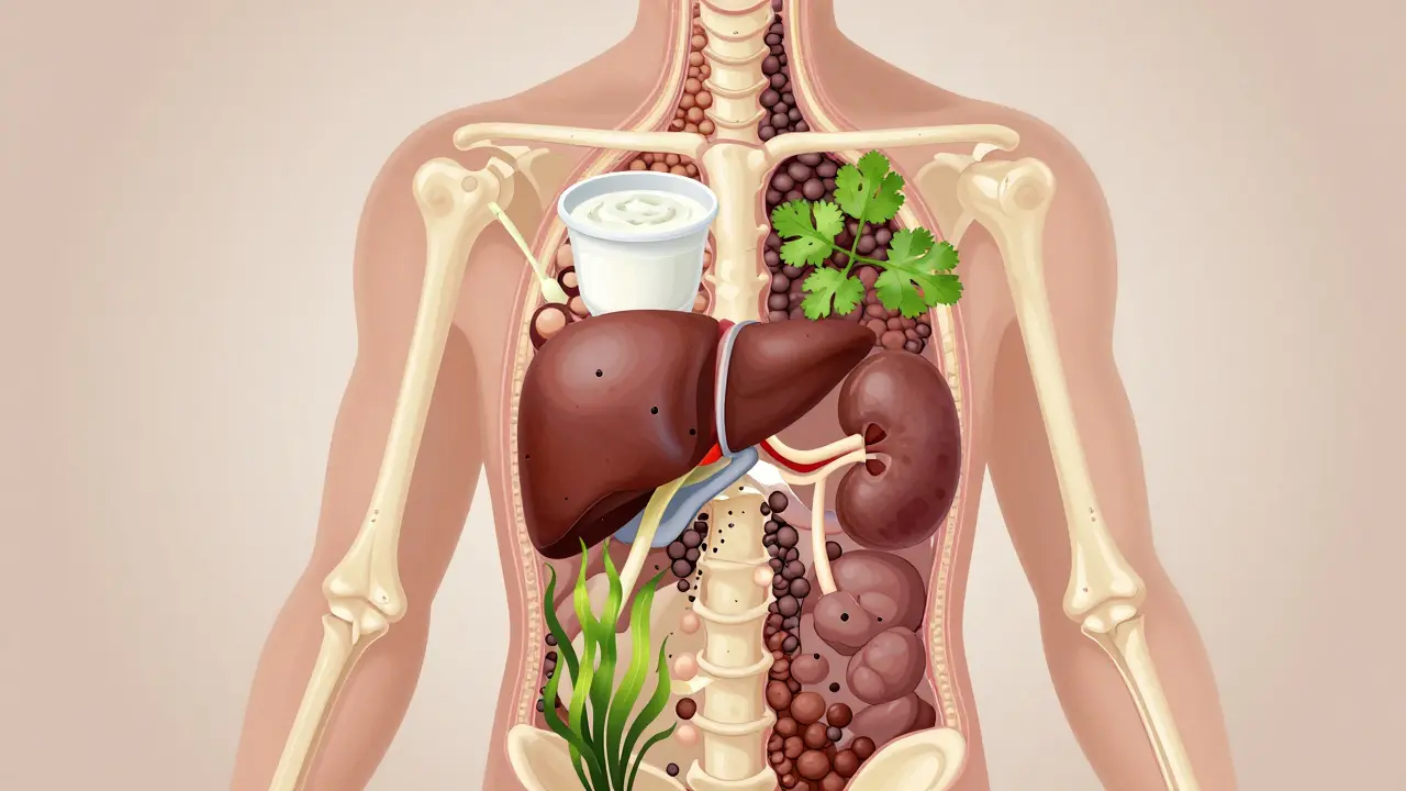 Lidské tělo v průřezu s výživou blokující olovo a přirozeně ho vylučující.