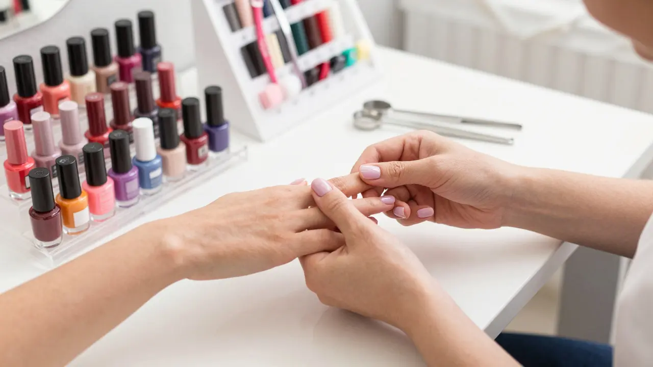 Manikúra v moderním salóně s barevnými laky na nehtech.