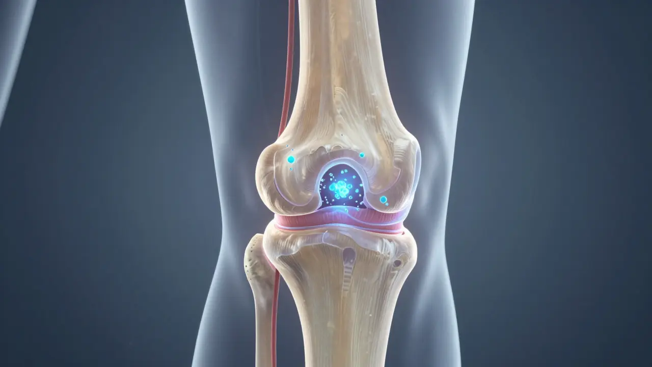 Mořský kolagen obnovuje chrupavku v kloubu, viditelné jako světlé částice.