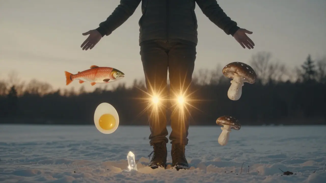 Osoba v zimním slunci, které září vitamínem D do kolenních kloubů, vedle ní losos a vejce.