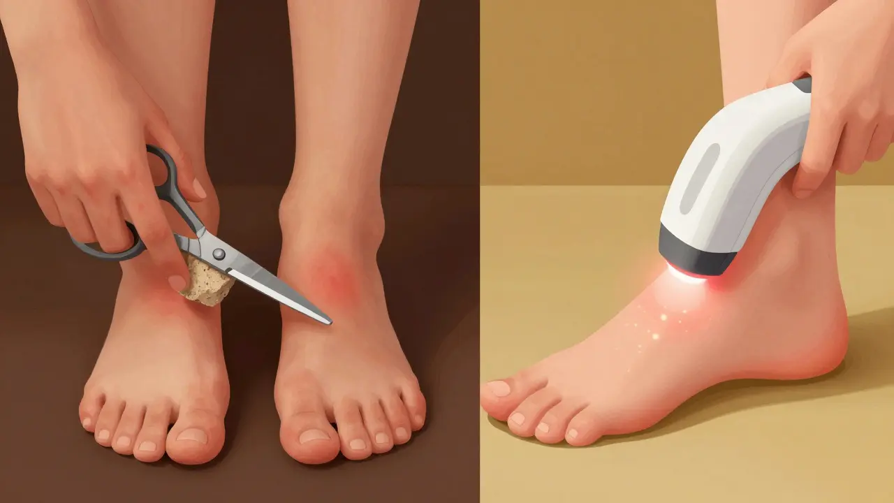 Porovnání klasické pedikúry s přístrojovým ošetřením: ruční nástroje vs. laserové zařízení na zdravé noze.