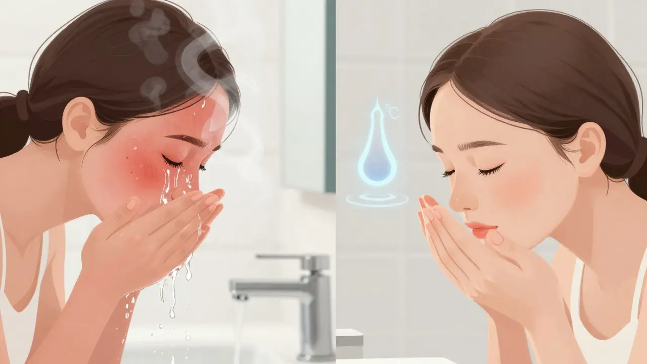 Porovnání škodlivého čištění horkou vodou a bezpečného čištění teplou vodou na obličeji.