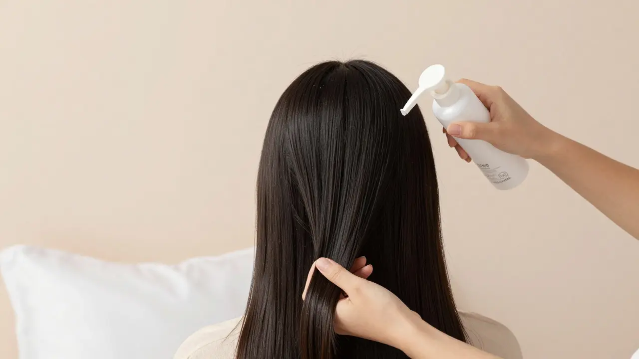 Použití bezsírového kondicionéru na hladkých vlasech s hedvábným polštářem.