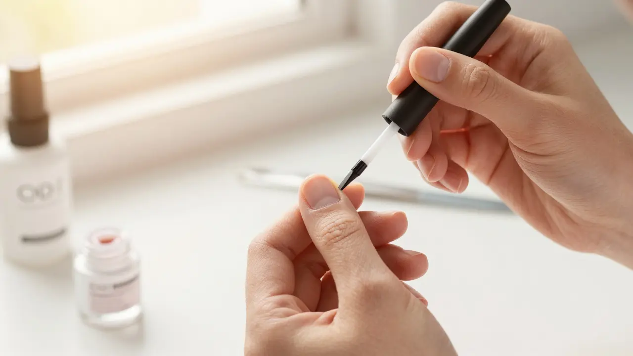 Profesionálka aplikuje gel na nehty nohou s přesnými nástroji v čistém prostředí.