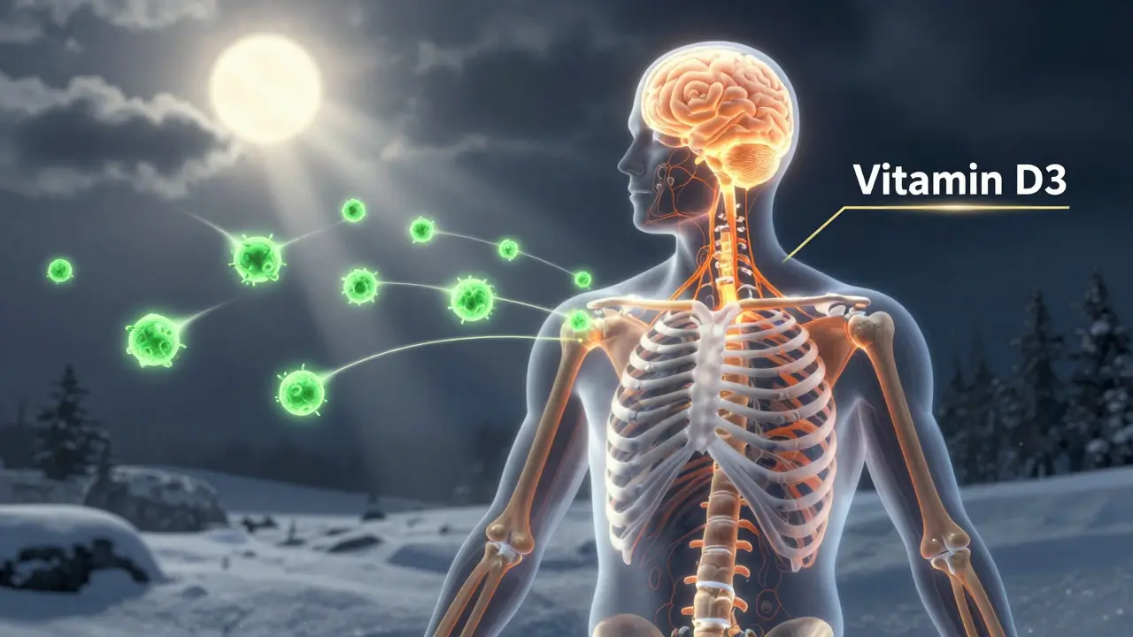 Průhledný lidský tělo s vnitřními systémy osvětlenými zlatými proudy symbolizujícími vitamín D.