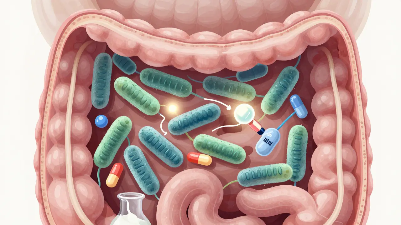 Průřez střev s bakteriemi a antibiotiky, které se vážou na vápník z mléka.