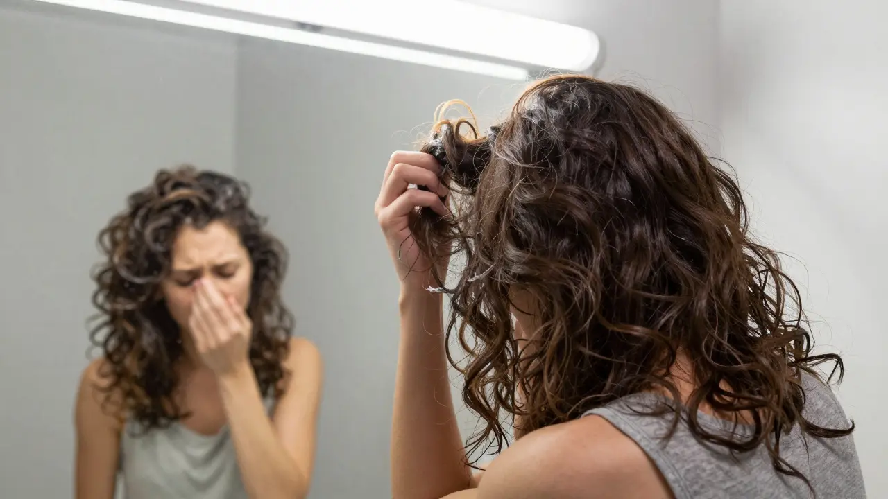 Rozčilená žena s suchými kudrnatými vlasy v zrcadle, tvrdé osvětlení.