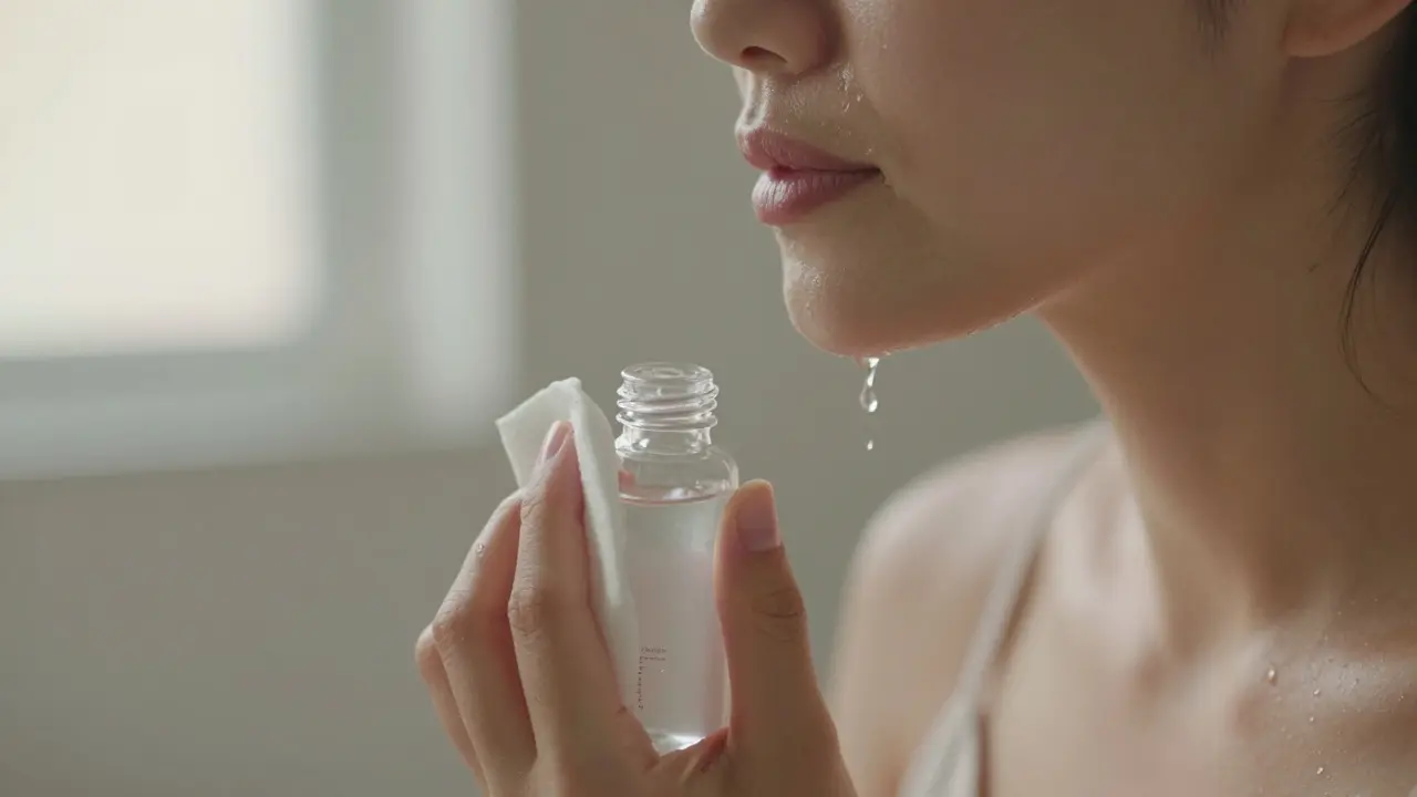 Ruka nalévá filtrovanou vodu na obličej po čištění, vlhký hadřík leží vedle, kapečky vody ve vzduchu.