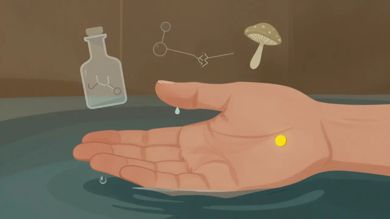 Ruka vodou, s odtrženým nehtem a symboly příčin výpotku: chemikálie, plíseň a vlhkost.