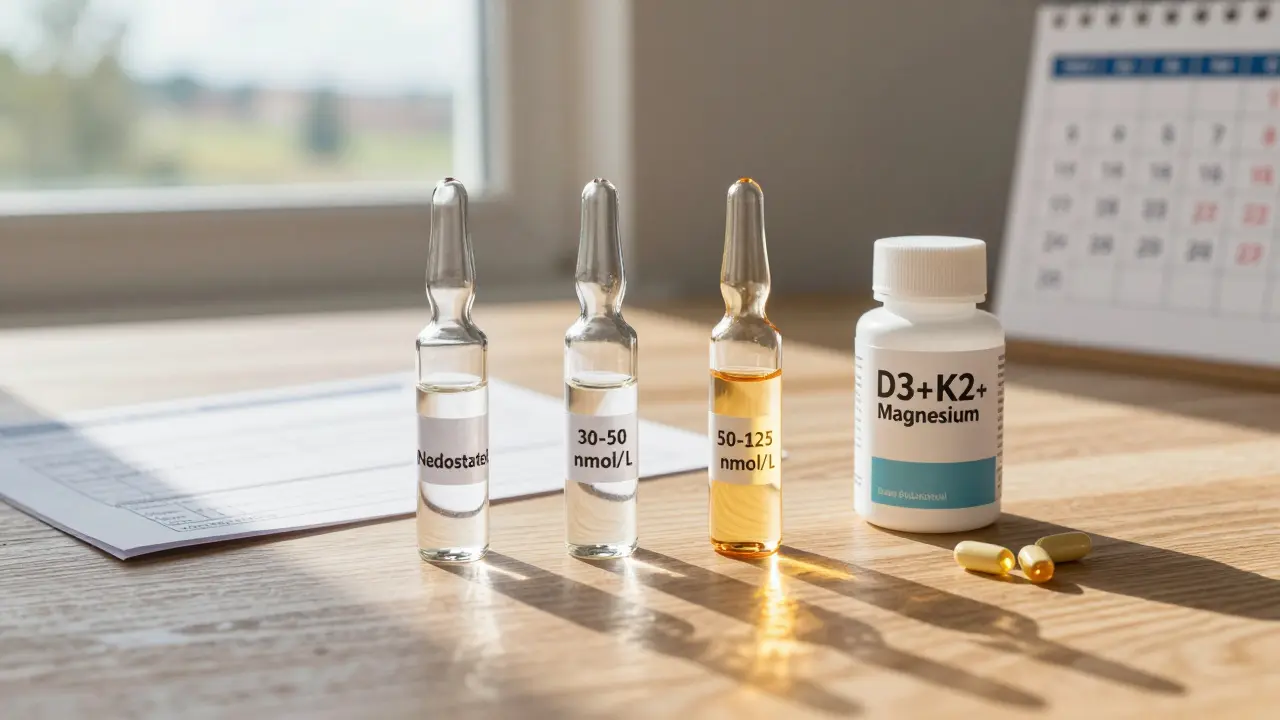 Tři skleněné lahve s různými hladinami vitamínu D a doplňky výživy na dřevěném stole.