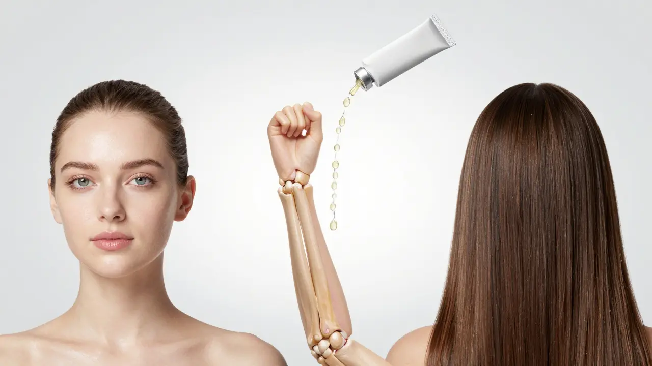 Tři účinky mořského kolagenu: kůže, klouby a vlasy spojené jednou dávkou.