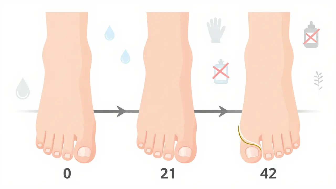 Vizualizace růstu nehtu a postupného odlepování gelu během 6 týdnů.