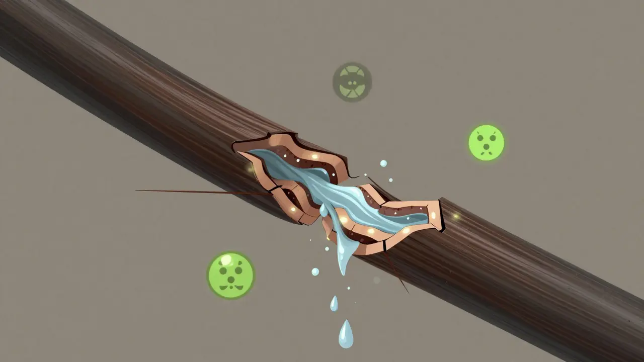 Vlákno vlasu jako poškozená hadice, z níž vytéká voda, s chemickými symboly kolem, symbolizující degradaci struktury.