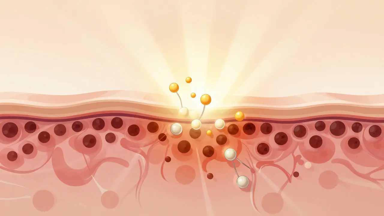 Vnitřní řez kůží s přebytkem melaninu a aktivními látkami, které ho postupně rozkládají.