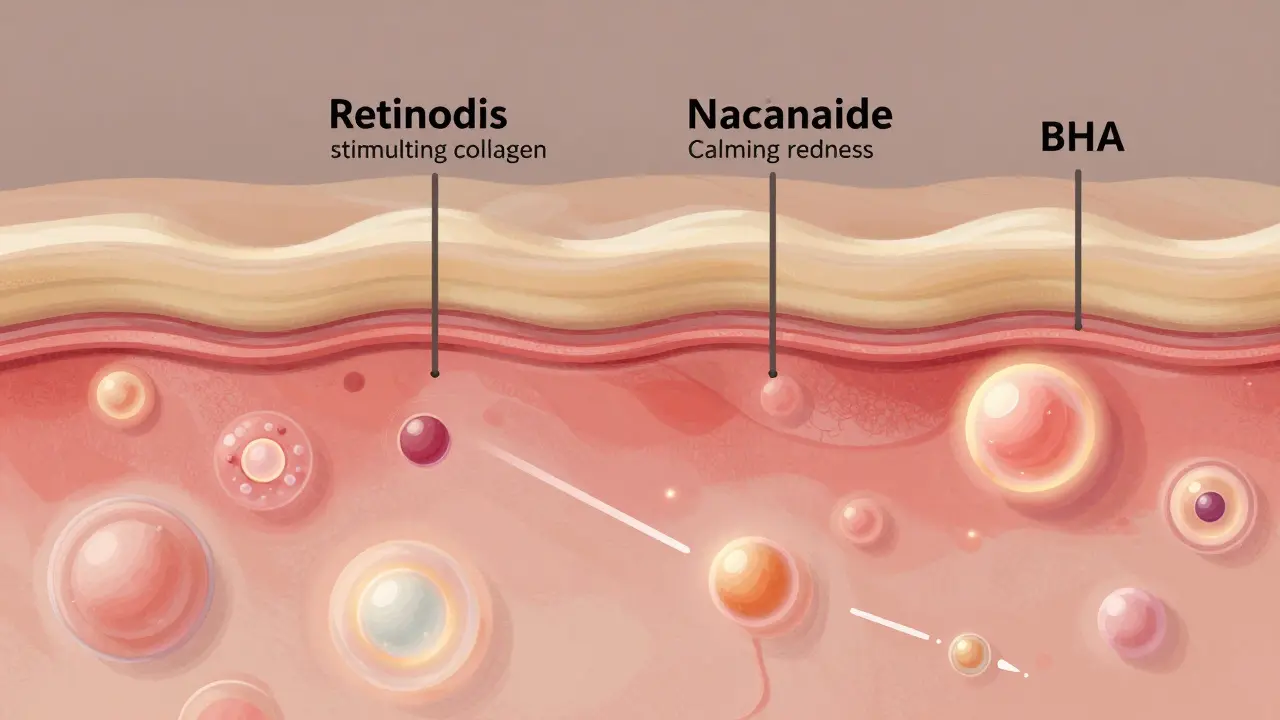 Vnitřní struktura kůže s aktivními ingrediencemi jako retinoidy a niacinamid.