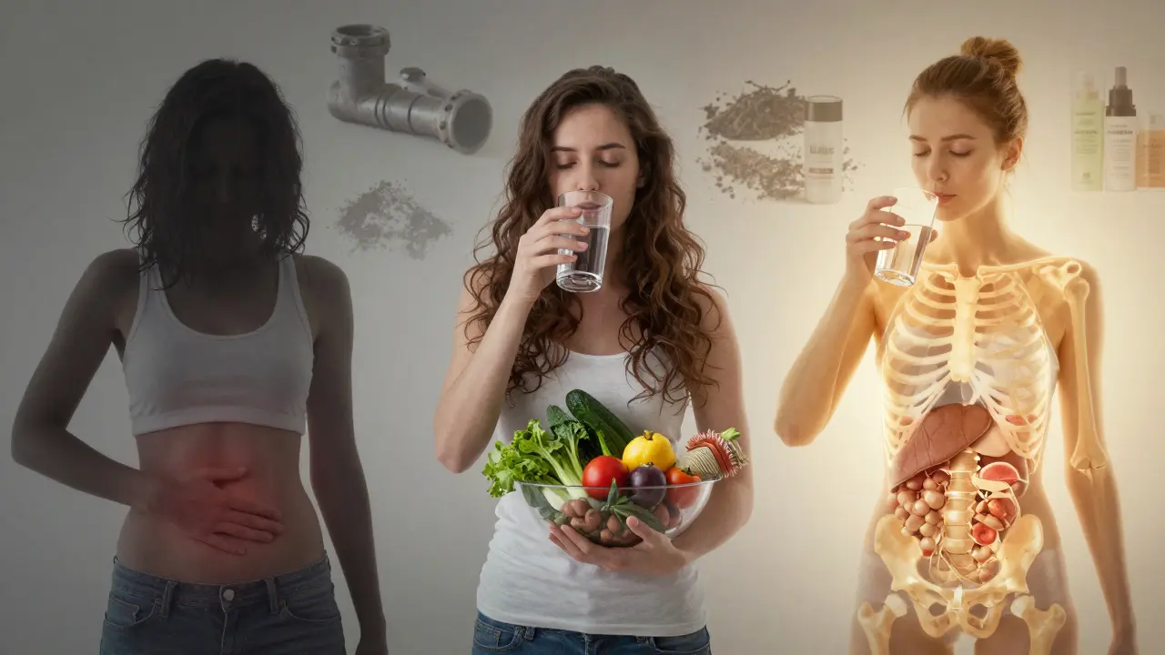 Vývoj od příznaků olověné otravy k zdraví prostřednictvím výživy a čistoty.