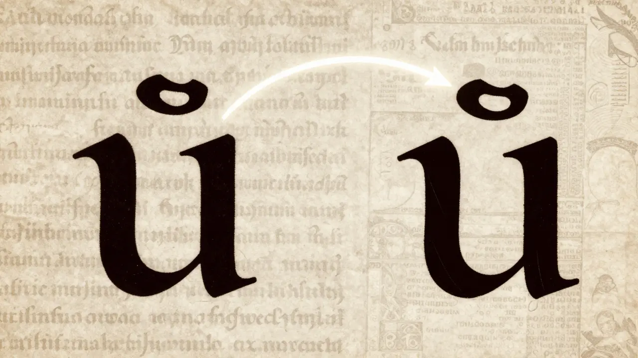 Vývoj písmene 'ů' z dvojice 'ou' do moderního tvaru na pozadí starého papyru.