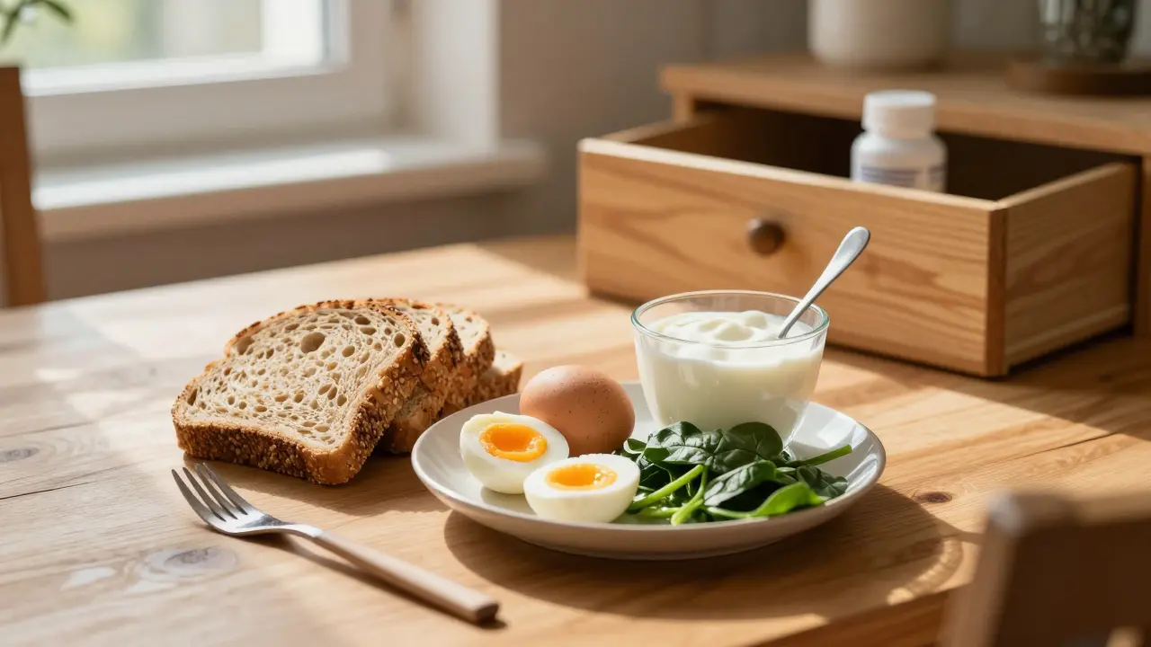 Zdravá snídaně s celozrnným chlebem, vejci a jogurtem na dřevěném stole.