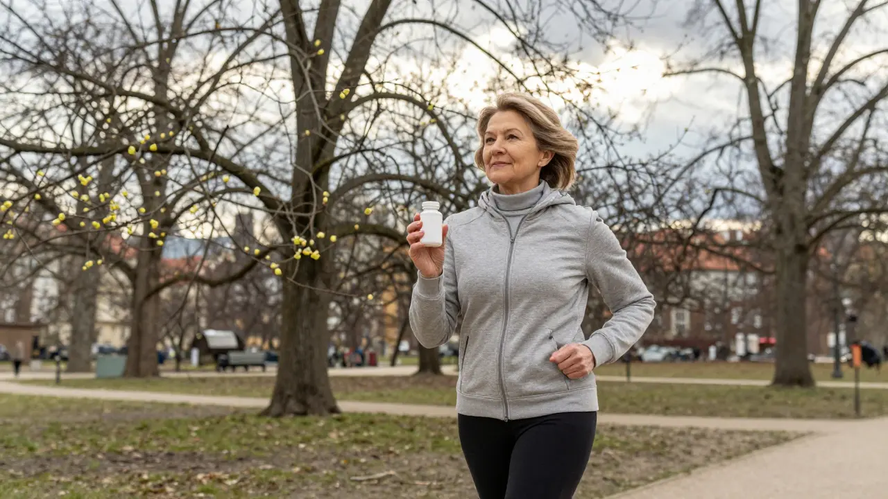 Žena nad 50 let se prochází v pražském parku ráno, drží lahvičku vitamínu D a využívá sluneční světlo.