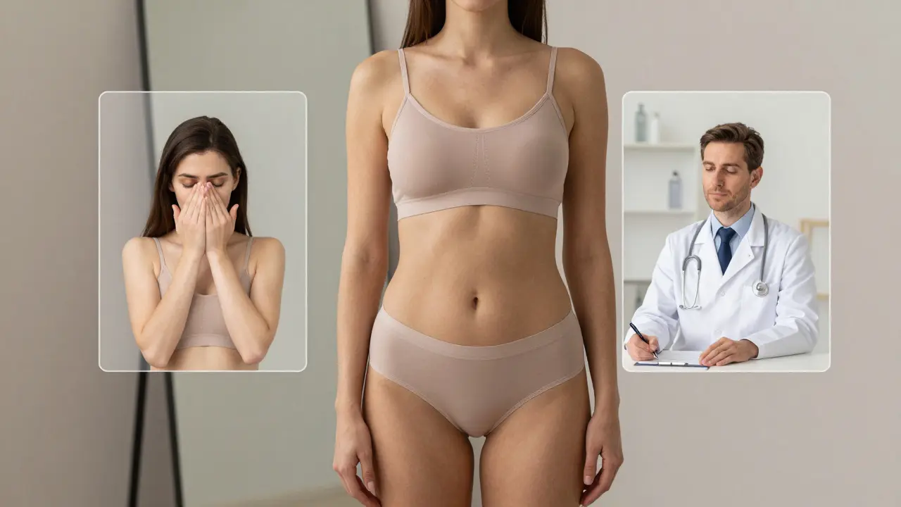 Žena stojí u zrcadla s třemi vizuálními panelily ukazujícími přirozený, maskovaný a léčený zápach.