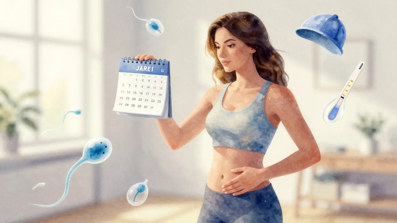 Žena v centru symbolické scény s příznaky plodného cyklu: kalendář, teploměr a barrierová metoda.
