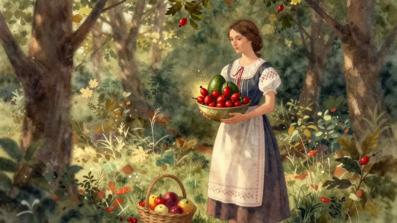 Žena v českém šále drží čerstvé šípkové růže a avokádo v lesním prostředí.