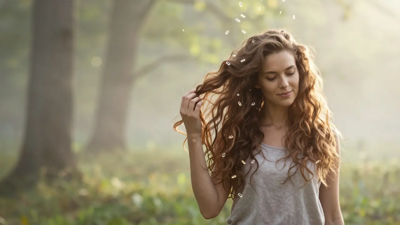 Žena ve světle lesa s volnými vlasy, živiny se zdají stoupat k její kůži hlavy.