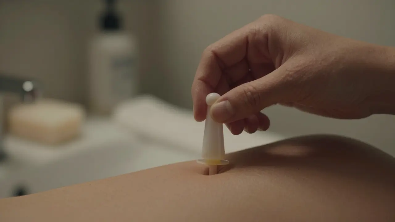 Žena vkládá potrubní placku do vagíny s opatrností a respektem k tělu.