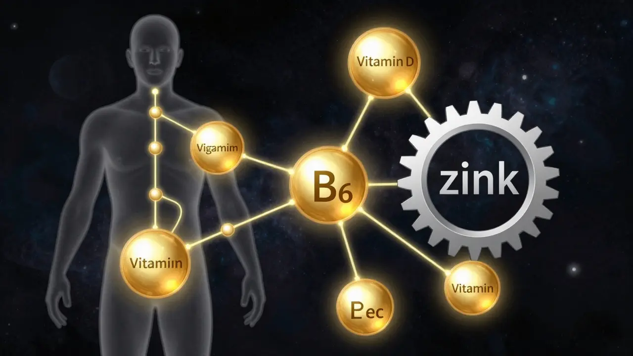 Abstraktní ilustrace interakce hořčíku, vitamínu D, B6 a zinku v lidském těle jako světelných koulí.