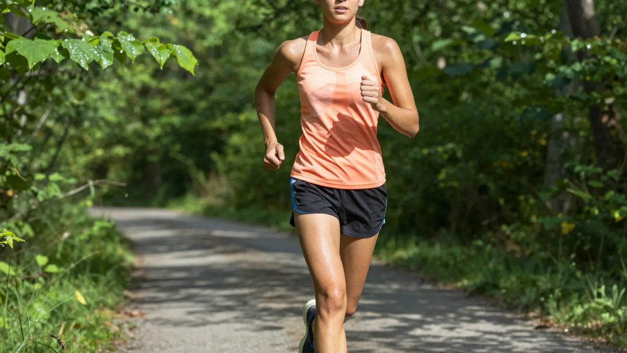 Aktivní běžec lesní stezkou vyzařuje zdraví, ukazuje obnovu plic a kondice.