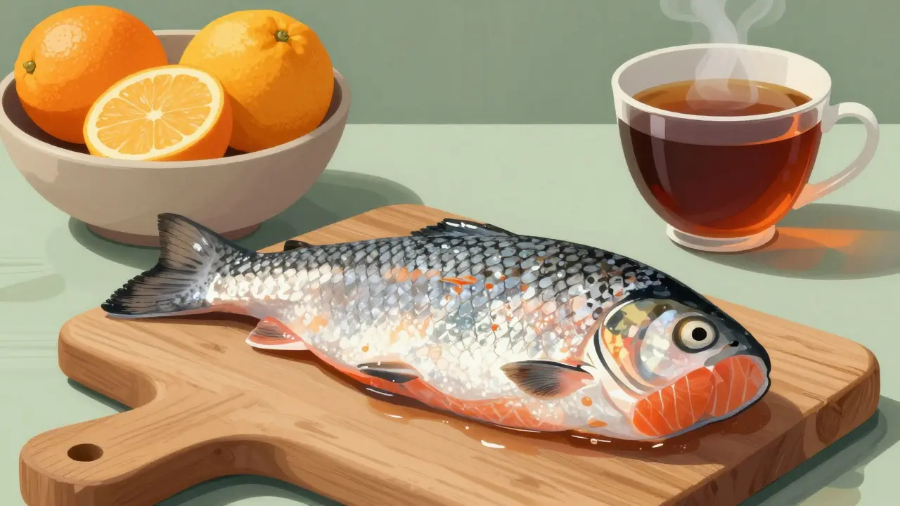 Čerstvá lososová plec s kůží na dřevěné desce vedle citrusů a černého čaje.
