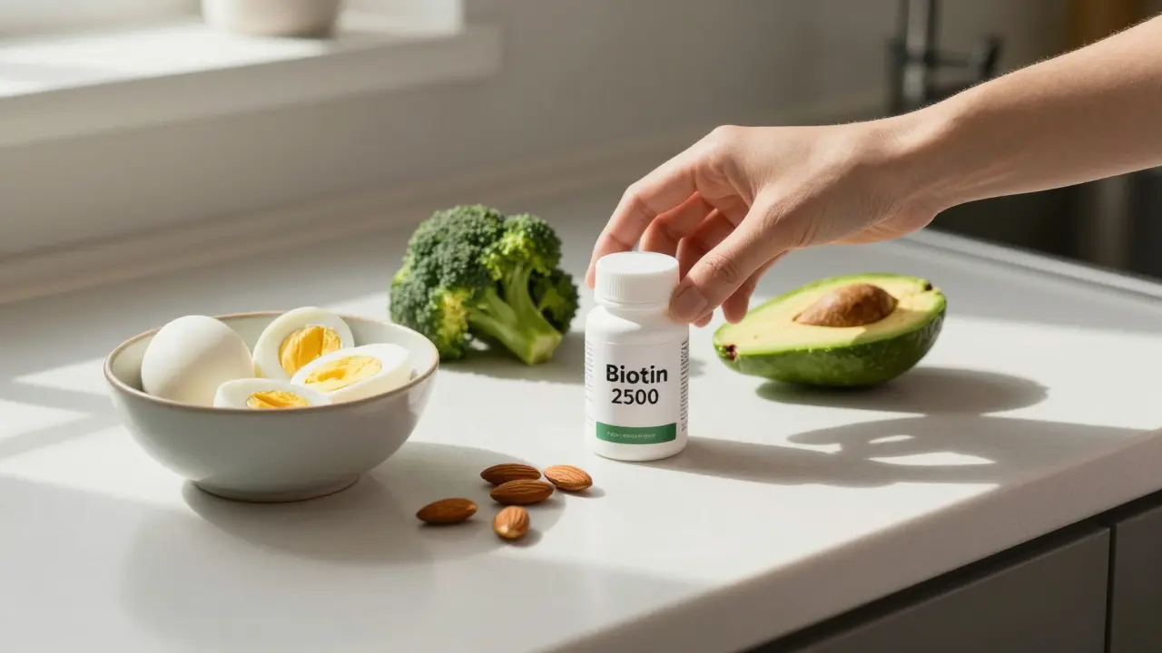 Česká kuchyňská plocha s vajíčky, avokádem, oříšky a doplňkem biotinu jako zdrojem řešení záděr.