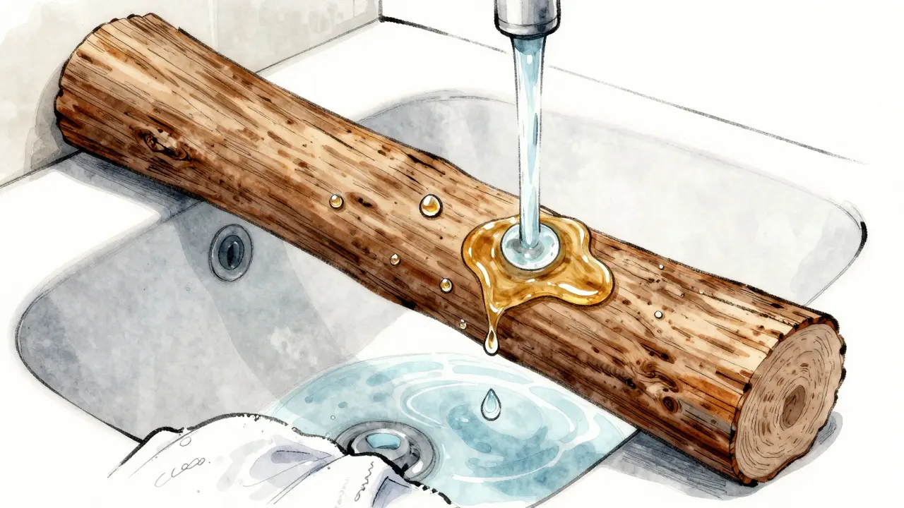 Ilustrace vlasového vlákna jako suchého dřeva, které absorbuje vodu a je uzavřeno olejem, s vodou a ručníkem v pozadí.