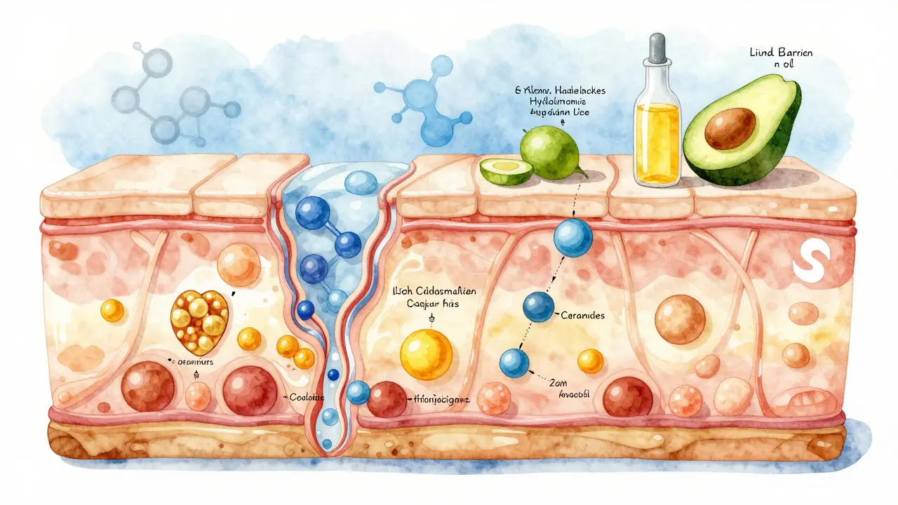 Ilustrovaný přehled obnovy kůžní bariéry pomocí ceramidů a olejů.