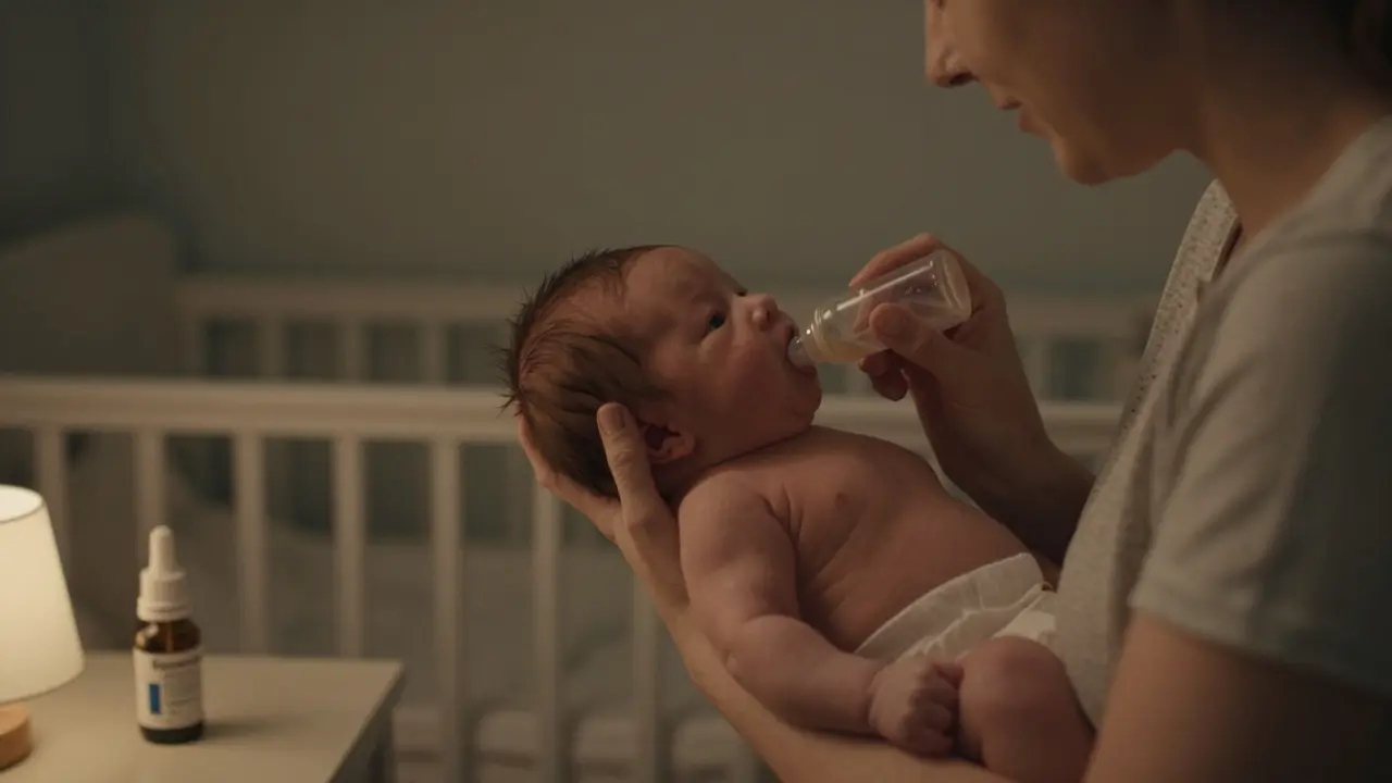 Maminka drží novorozence svisle po krmení a jemně hladí po zádech.