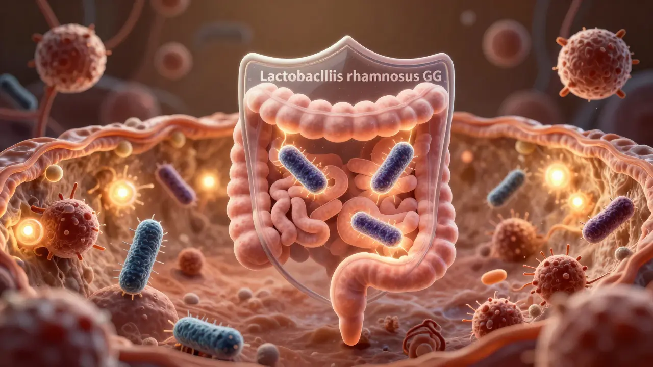 Mikroskopický pohled na střevní sliznici, kde užitečné bakterie vytvářejí ochrannou vrstvu proti škodlivým patogenům.