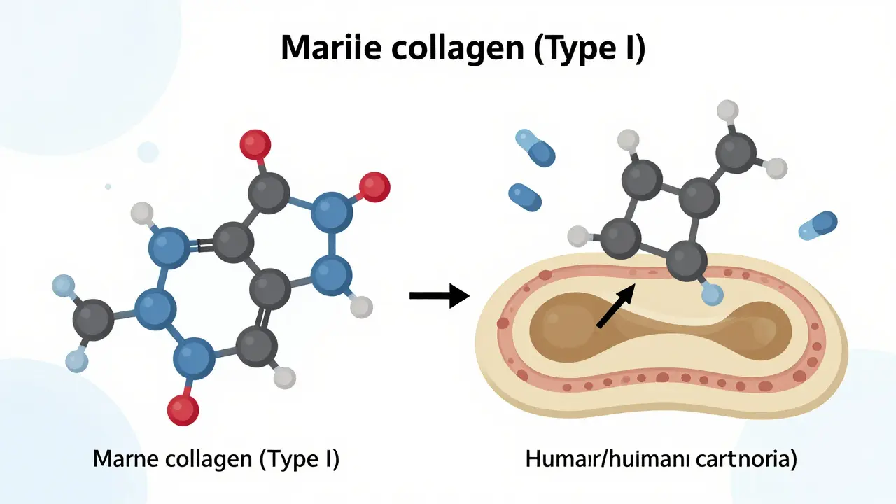 Molekulární struktura mořského kolagenu a regenerace chrupavky v kloubu.