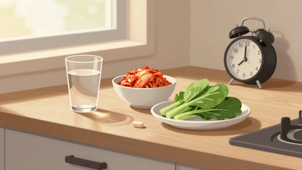 Na stole ranní jídlo, voda a fermentované potraviny, multivitamín je vedle, nevýrazný.