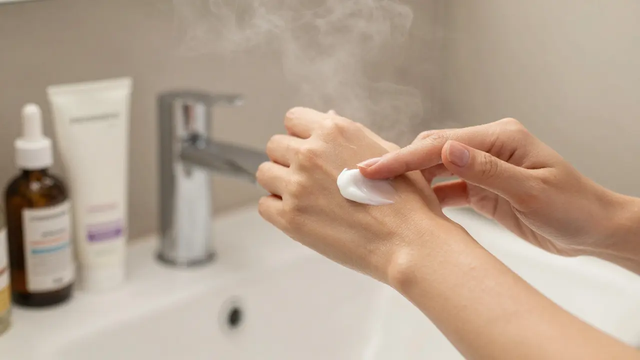 Osoba aplikuje hustý krém na vlhkou kůži po koupeli.