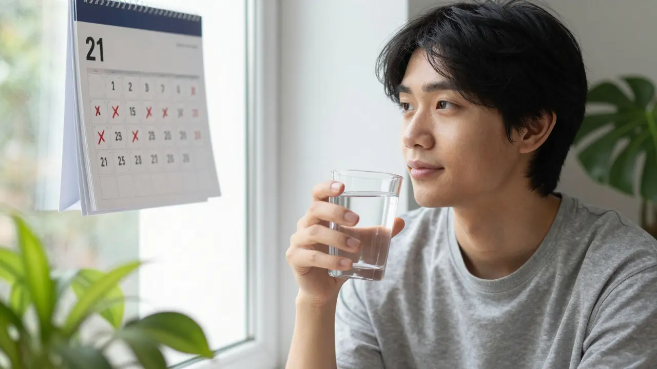 Osoba na 21. den bez alkoholu sedí u okna s sklenicí vody, jasné kůže a zdravější vzhled.