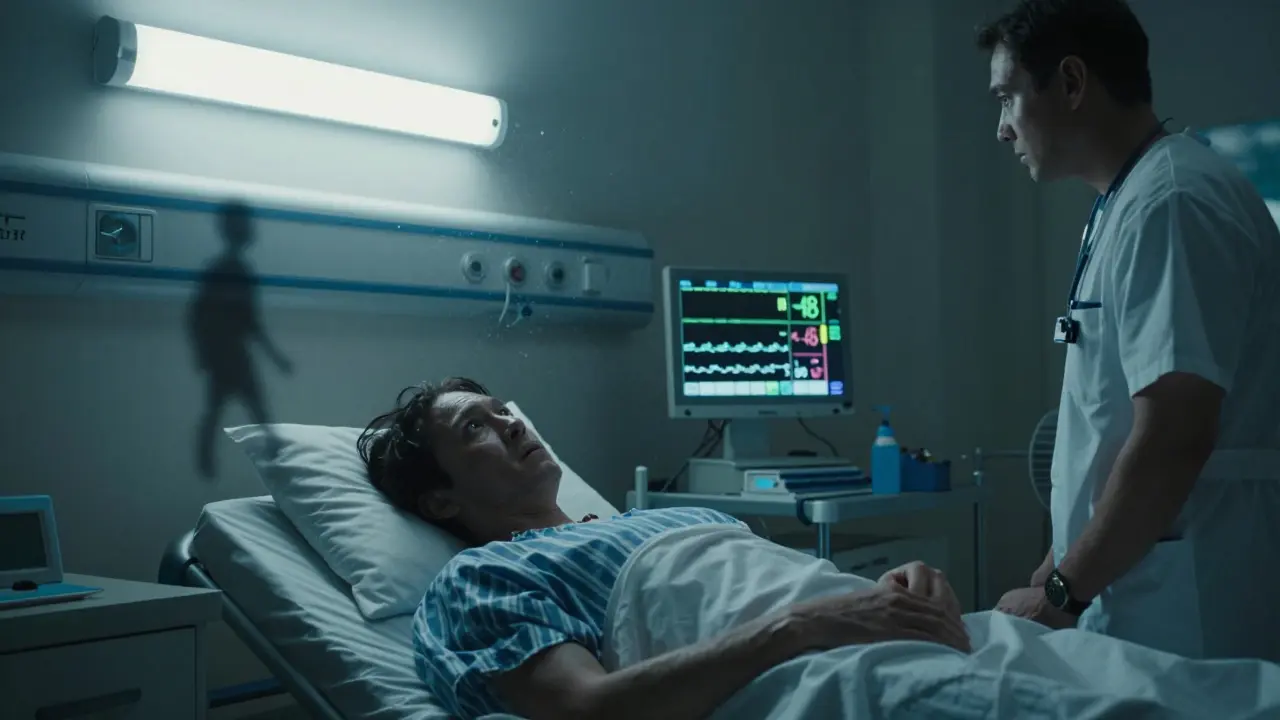 Pacient s halucinacemi v nemocničním pokoji během alkoholového odstupu s monitorováním vitalních funkcí.