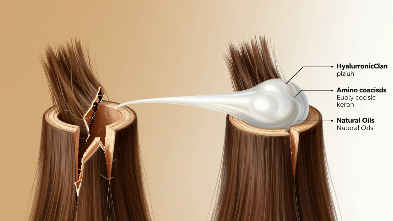 Porovnání poškozeného a obnoveného vlasu: otevřené skvěliny přecházejí do hladké, naplněné struktury.