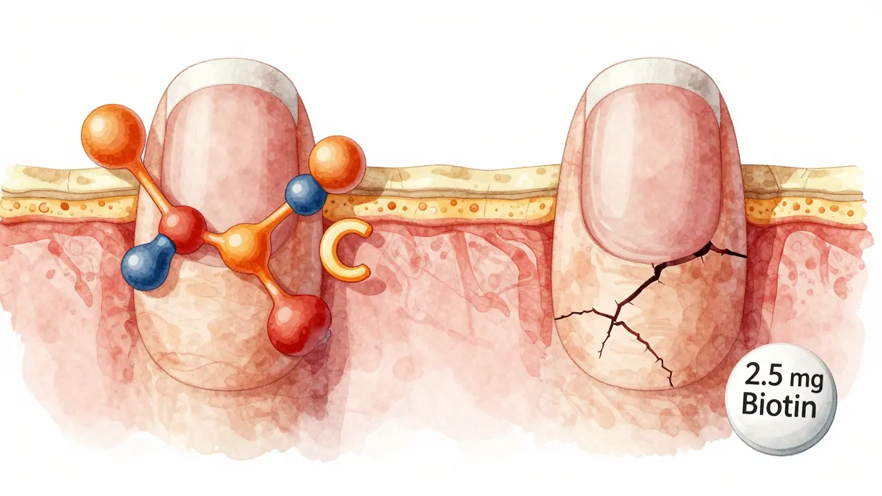 Porovnání struktury zdravého a poškozeného nehtového laku s důležitými živinami jako biotin a zinek.