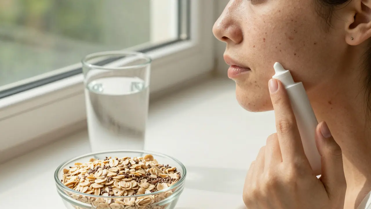 Použití lehké sluneční ochrany s oxidem zinku vedle zdravých potravin a vody.