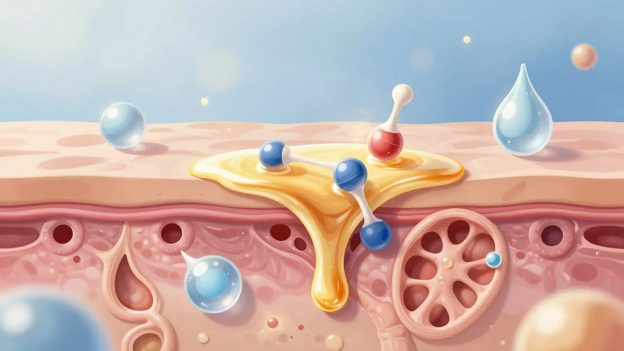Přehled kůže s přehnanou tvorbou seba a látkami, které ho regulují: niacinamid, zinek, salicylová kyselina.