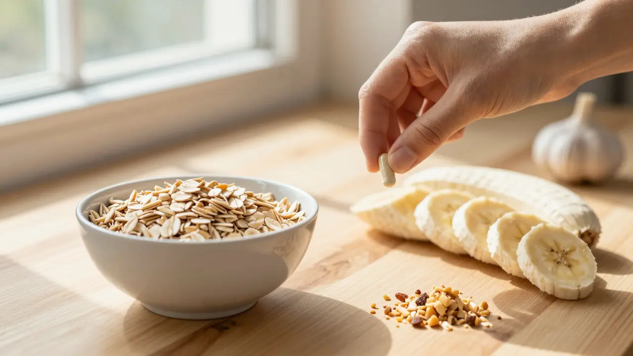 Probiotikum spolu s prebiotickými potravinami: ovesné vločky, banán a česnek.
