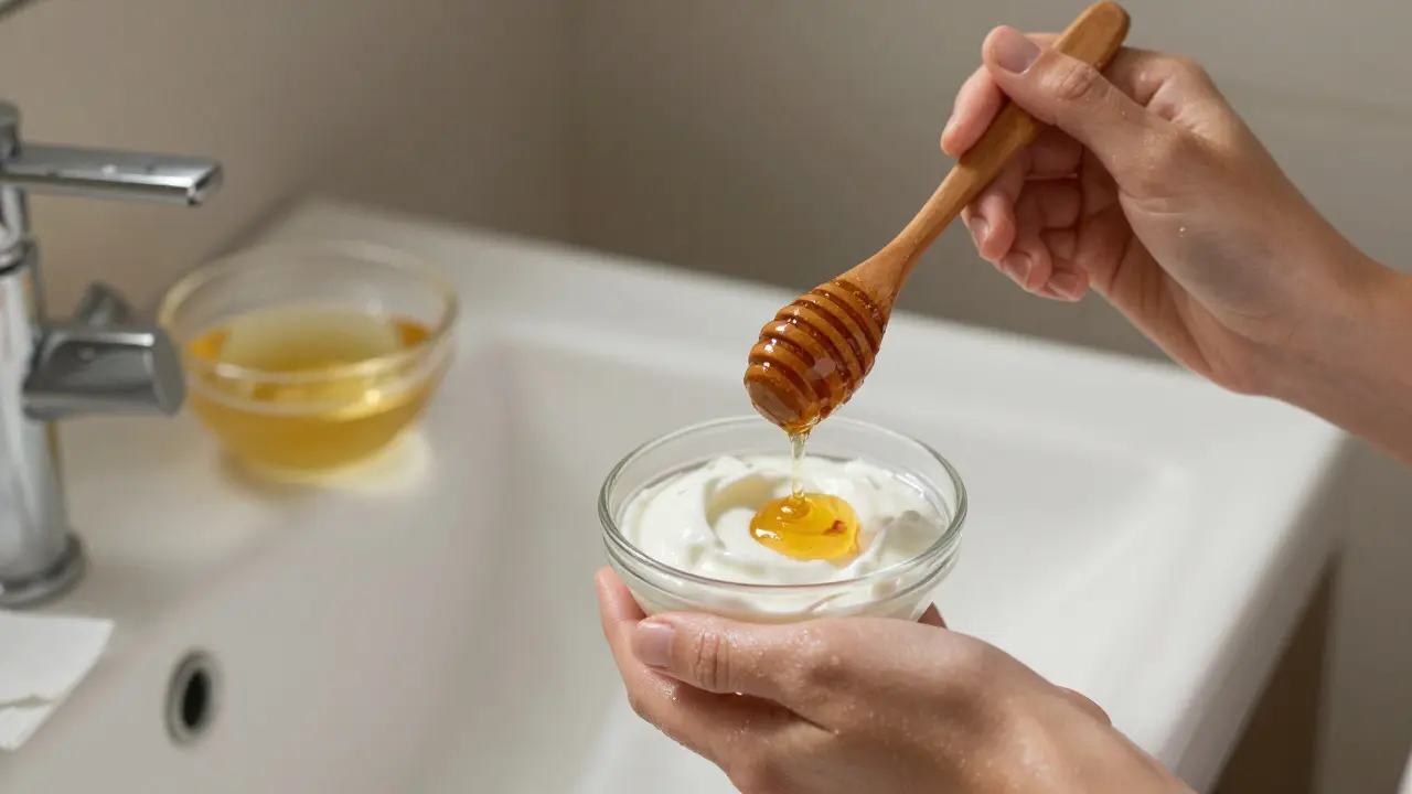 Ruce aplikují masku z medu a jogurtu na obličej ve světlé koupelně s květovou vodou.